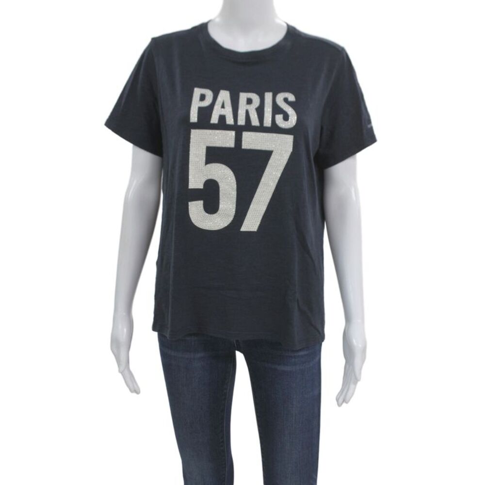 Cinq A Sept Women Dark Blue Silk Graphic Tee Short Sleeve Size S